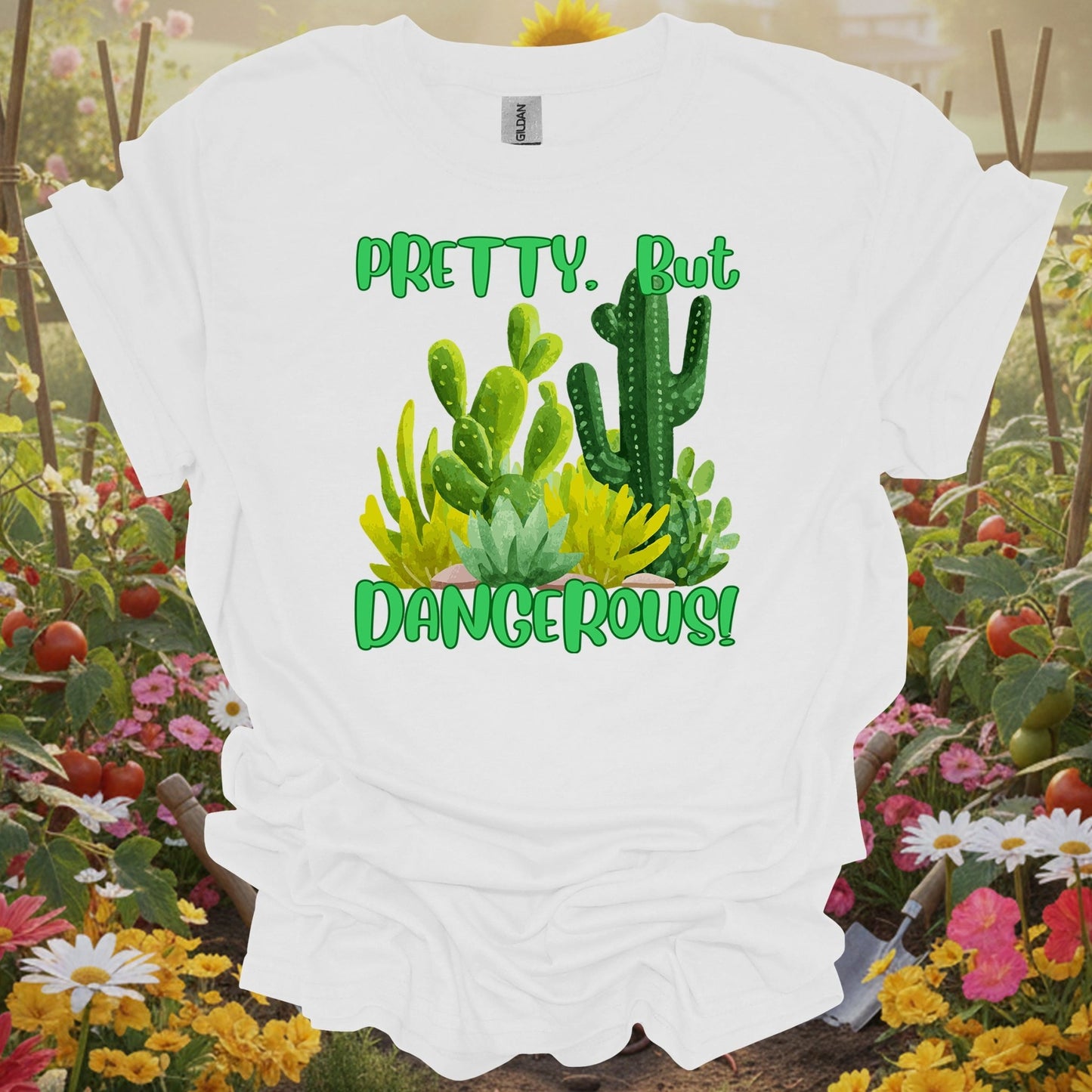 White  shirt showing pretty but dangerous funny cactus succulent for outdoor enthusiasts