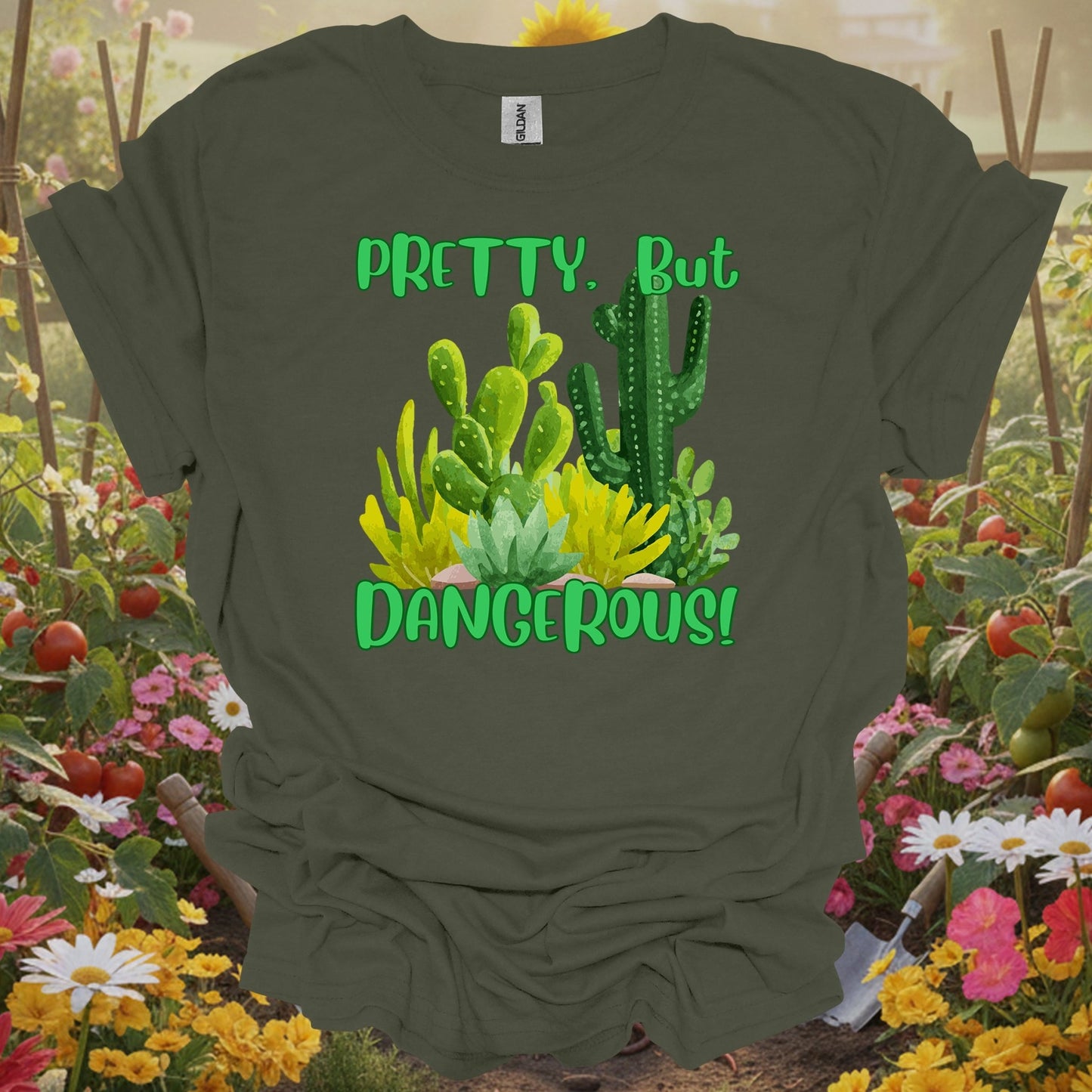 Military Green top showing pretty but dangerous funny cactus succulent for nature lovers