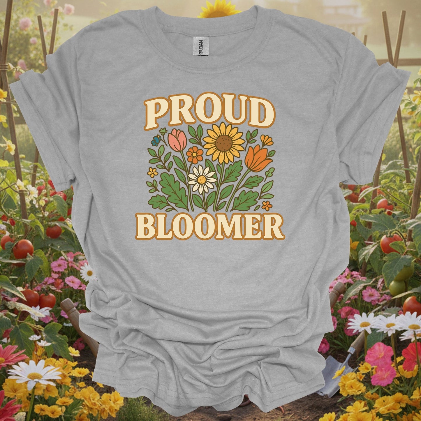 Sport Grey tee showing proud bloomer floral bouquet slogan for garden hobbyists