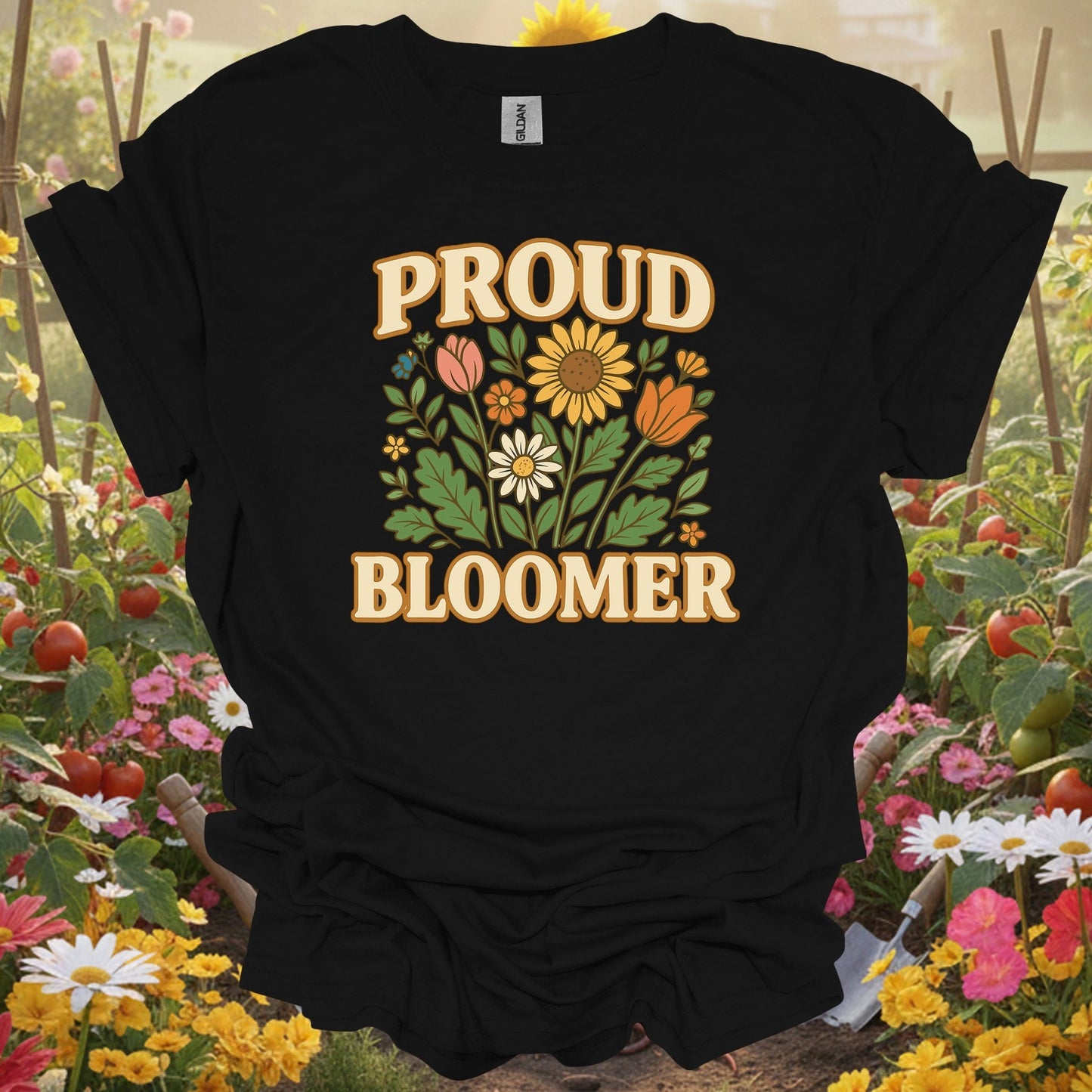 Black shirt showing proud bloomer floral bouquet slogan for outdoor enthusiasts