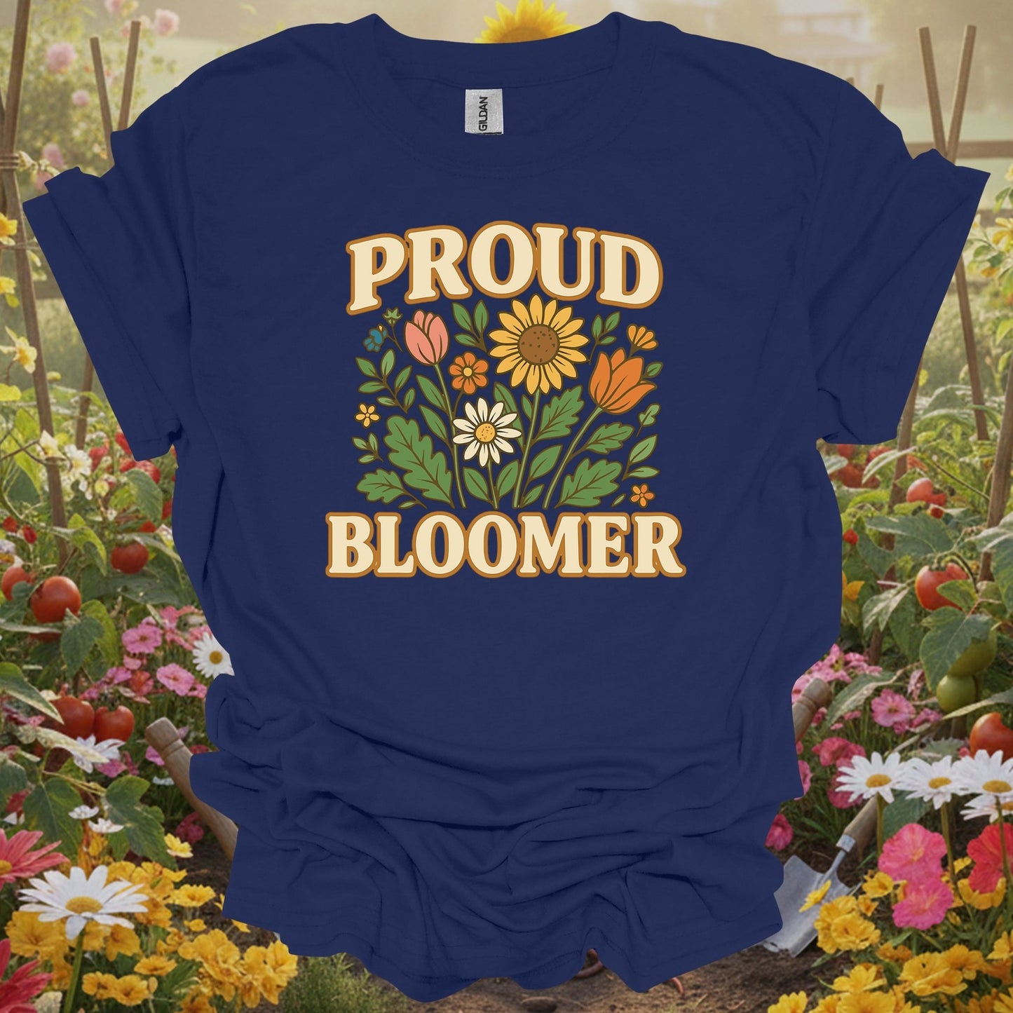 Navy top showing proud bloomer floral bouquet slogan for green thumb folks