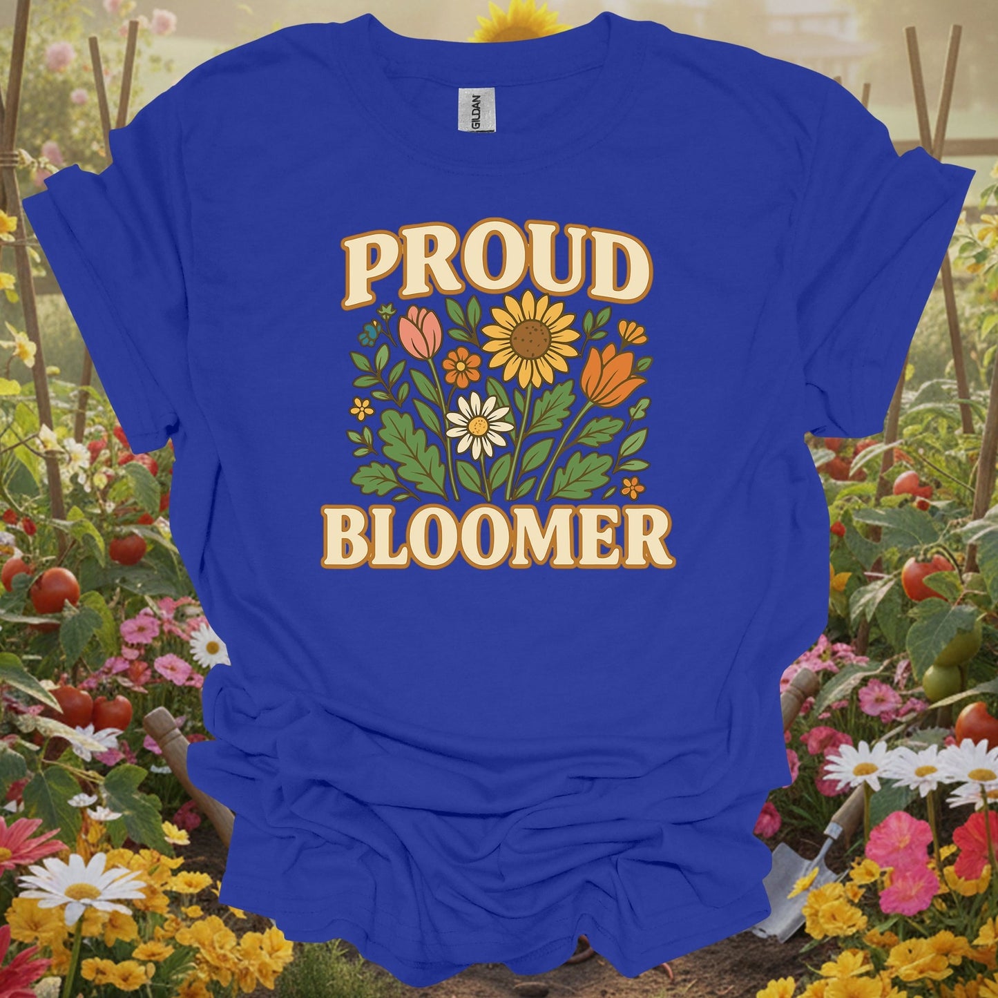 Royal tshirt showing proud bloomer floral bouquet slogan for backyard growers