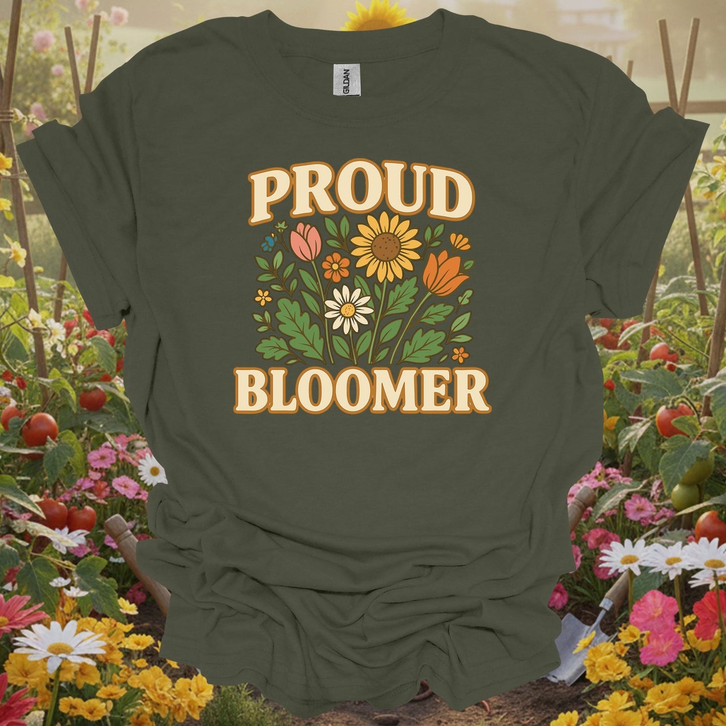 Military Green top showing proud bloomer floral bouquet slogan for nature lovers