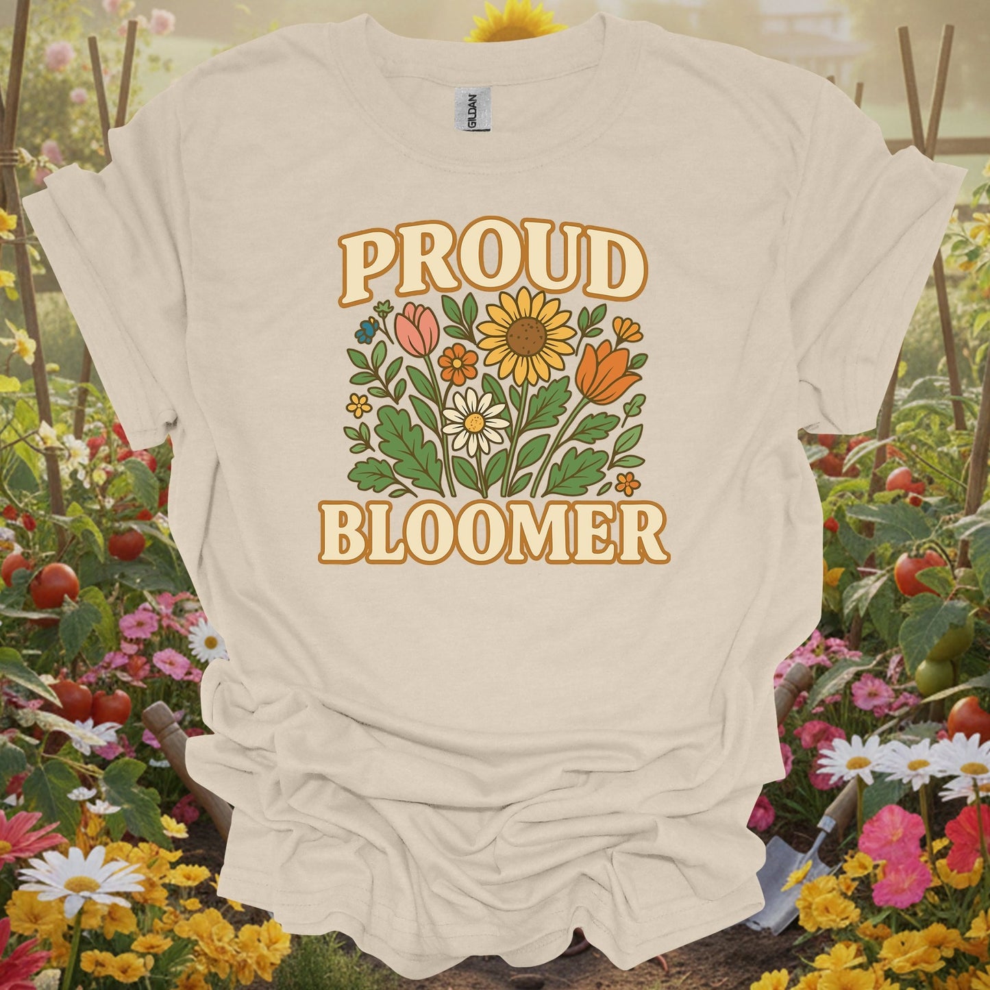 Natural tshirt showing proud bloomer floral bouquet slogan for people who love plants