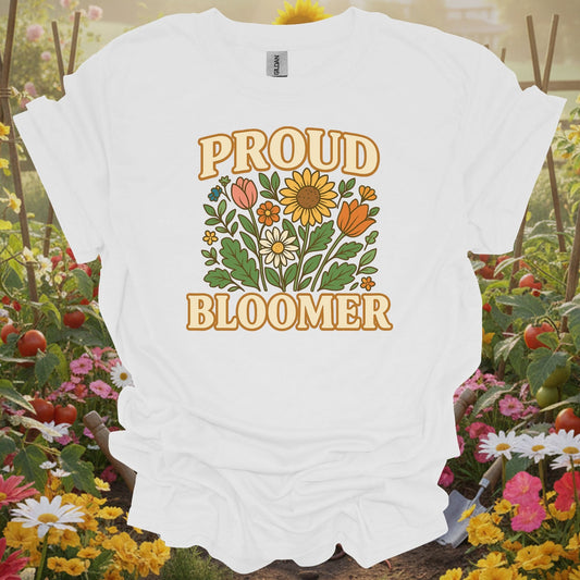 White tshirt showing proud bloomer floral bouquet slogan for gardening enthusiasts