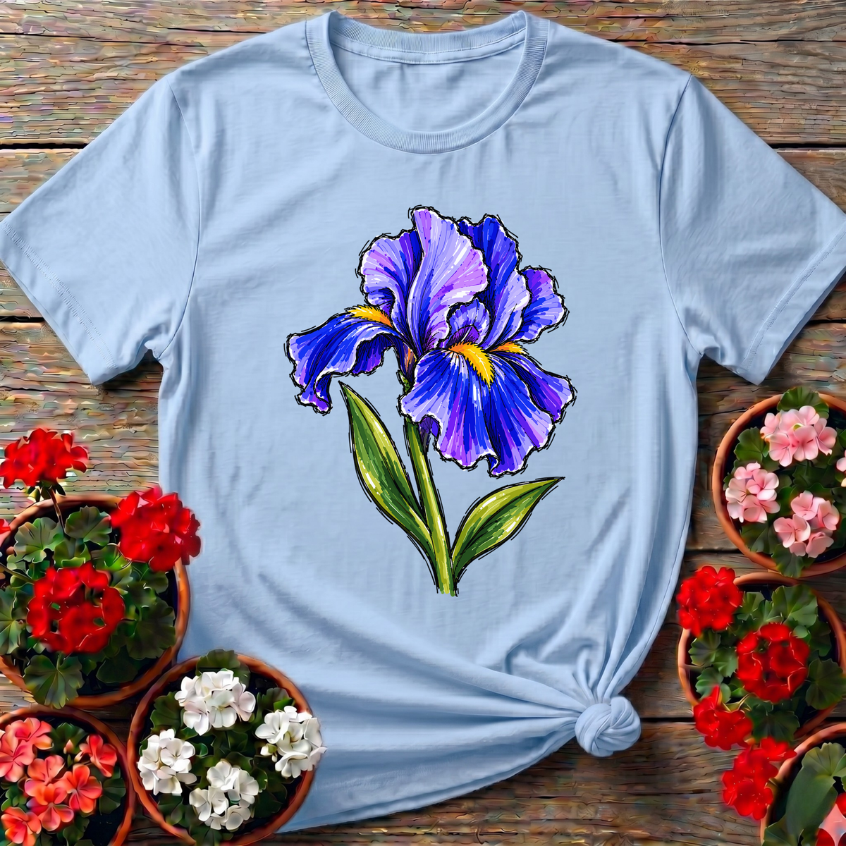 Light Blue loose ink botanical iris illustration gardening tee for flower and nature lovers