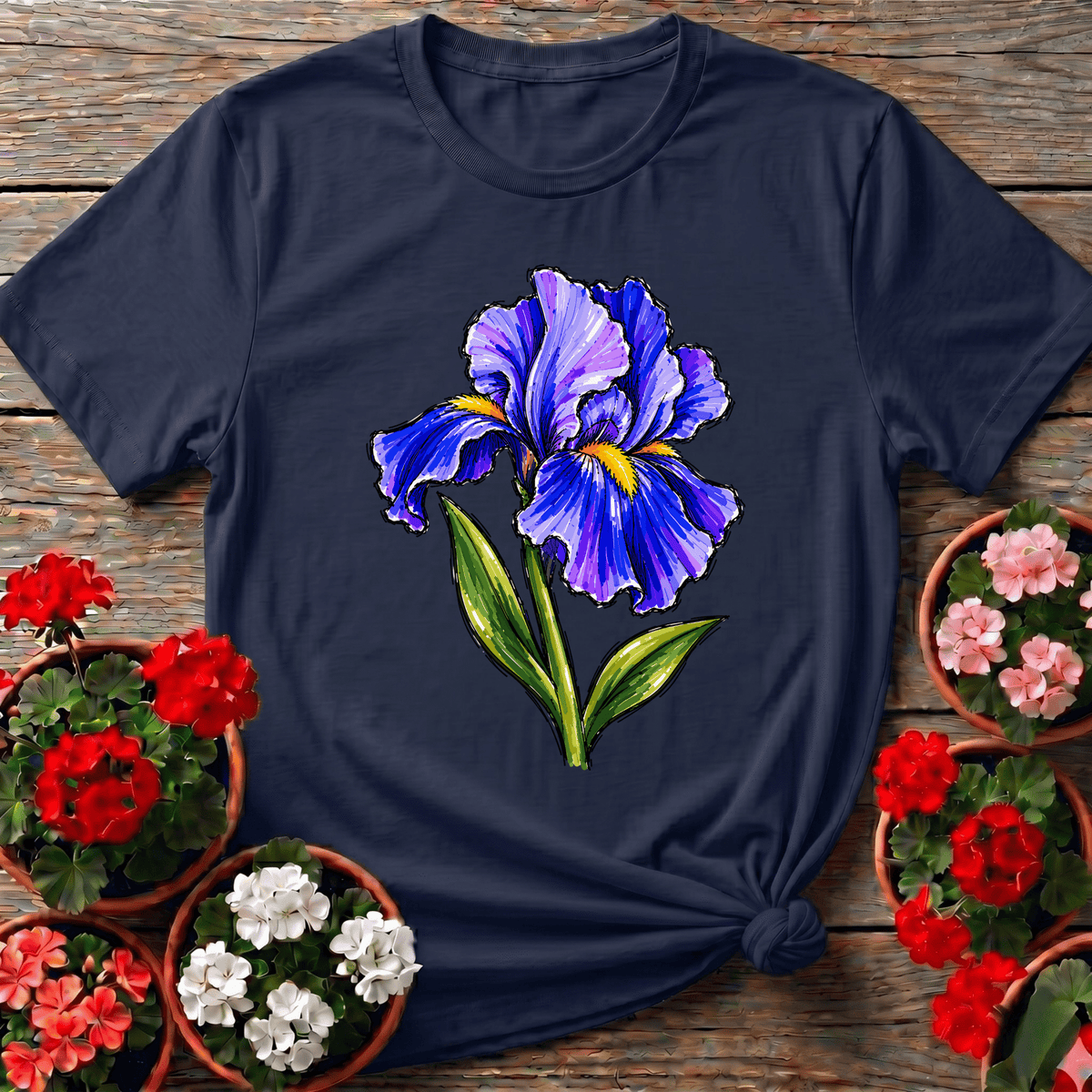 Navy bold ink illustration purple bearded iris gardening shirt for plant lovers