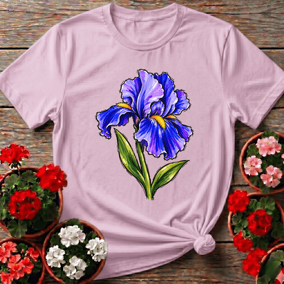 Light Pink soft floral marker sketch bearded iris tee for gardeners who love purple blooms