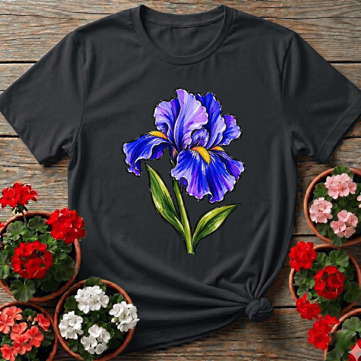 Black bold marker sketch bearded iris gardening tee for iris lovers and cottage gardeners