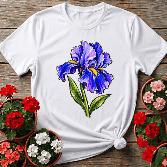 White vintage botanical marker sketch iris t-shirt for flower gardeners and nature journal keepers