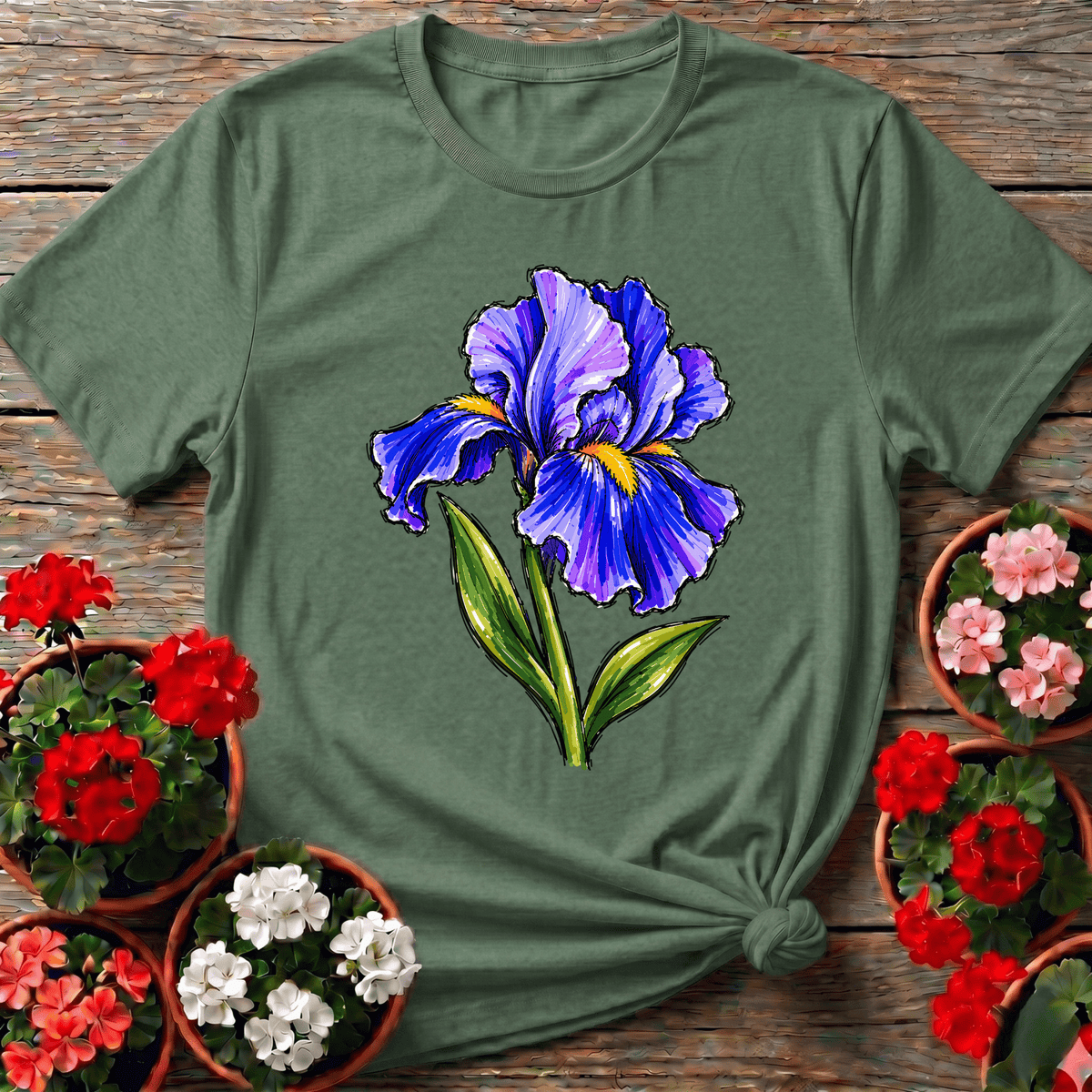 Military Green vintage sketchbook style bearded iris shirt for serious gardeners
