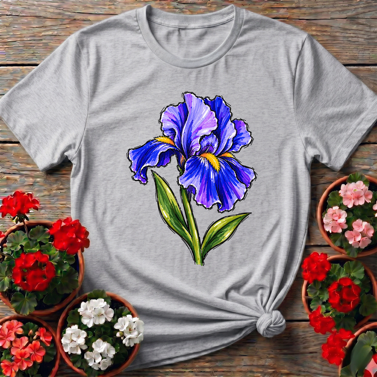 Purple Bearded Iris Marker Sketch Gardening T-Shirt - GardeningTshirts
