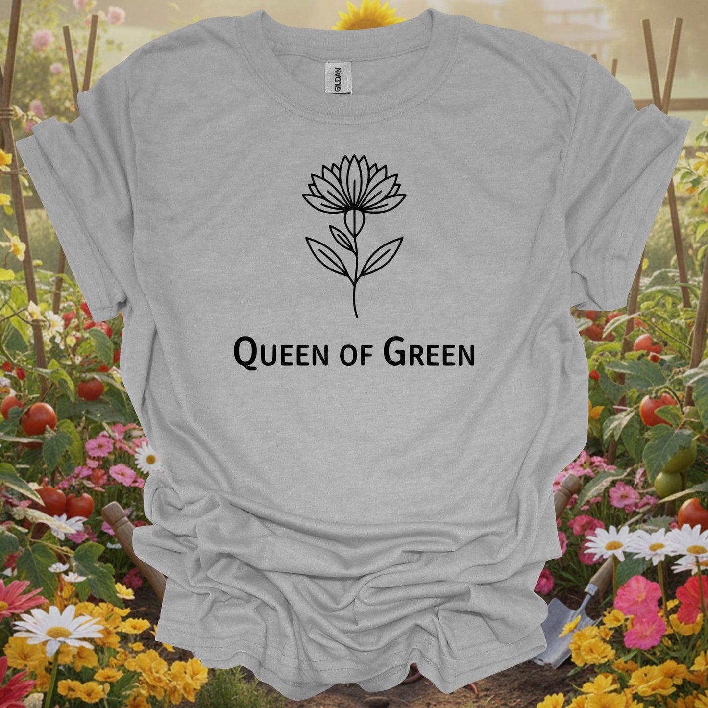 Sport gray tshirt showing elegant botanical lotus flower queen of green design for plant royalty