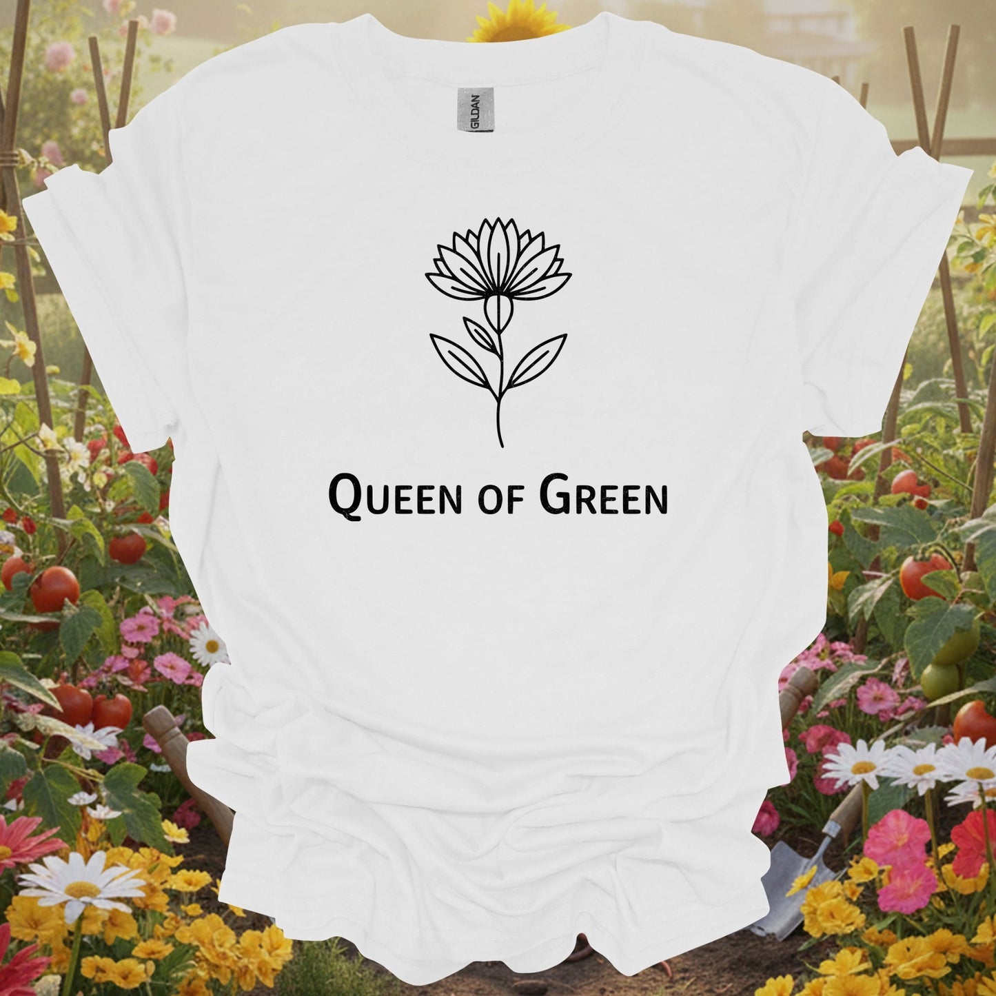 White tee showing elegant botanical lotus flower queen of green design for lotus growers