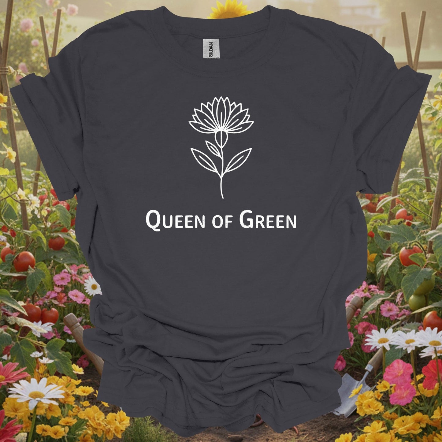Charcoal tshirt showing elegant botanical lotus flower queen of green design for lotus enthusiasts
