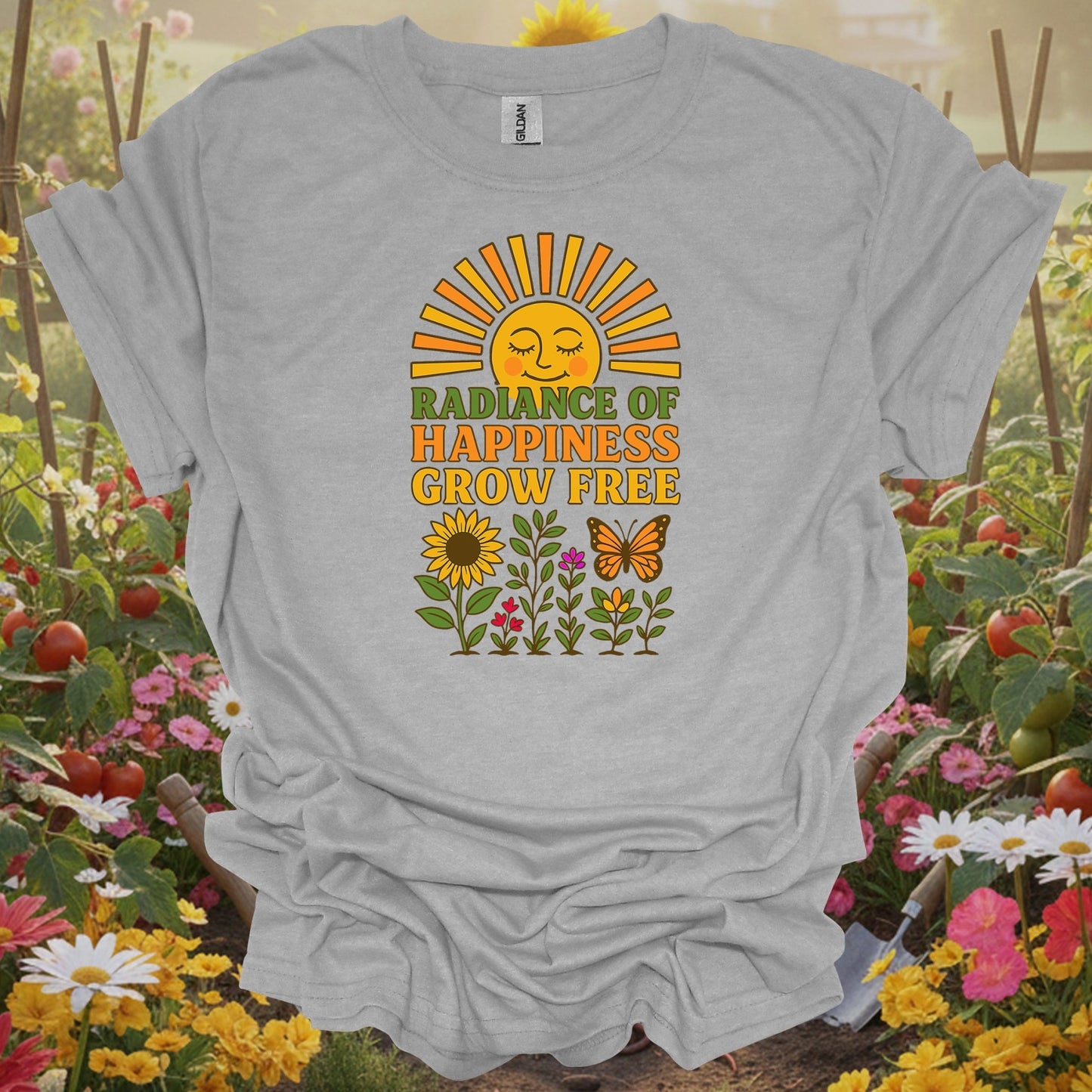 Radiance of Happiness Grow Free Vintage Retro 70s Aesthetic Smiling Sun Floral Graphic Tee - GardeningTshirts