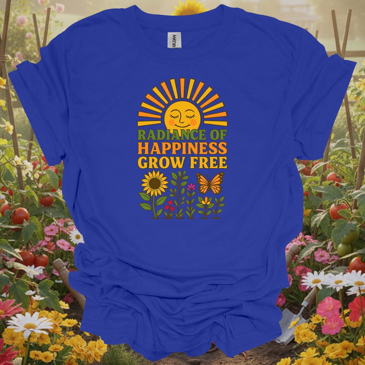 Radiance of Happiness Grow Free Vintage Retro 70s Aesthetic Smiling Sun Floral Graphic Tee - GardeningTshirts