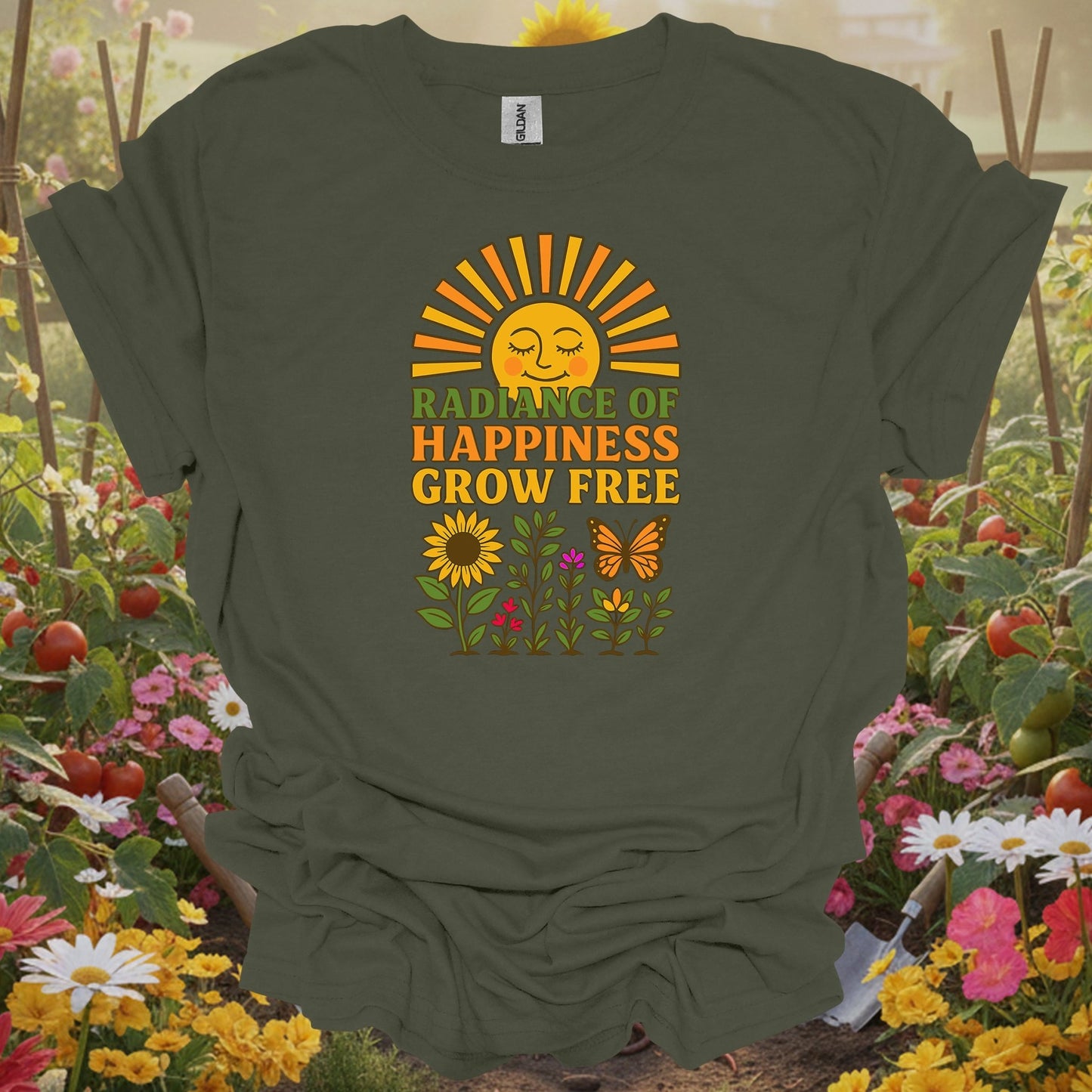 Radiance of Happiness Grow Free Vintage Retro 70s Aesthetic Smiling Sun Floral Graphic Tee - GardeningTshirts