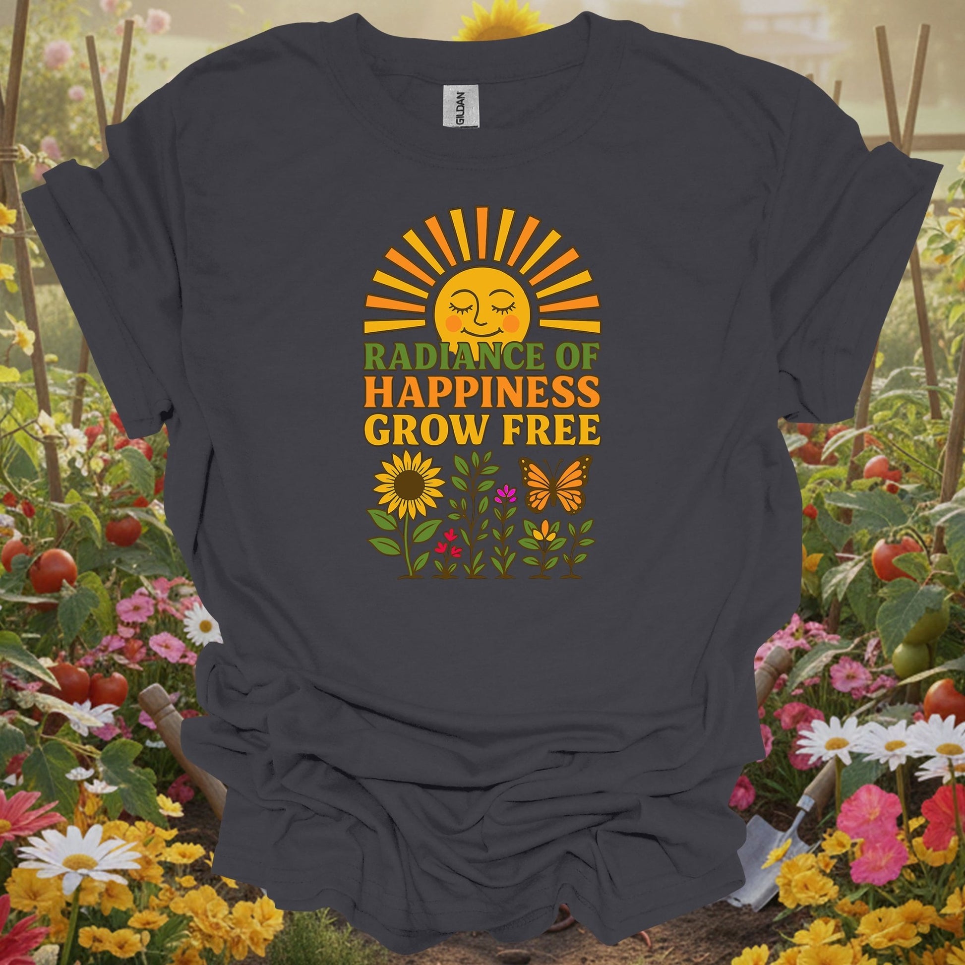 Radiance of Happiness Grow Free Vintage Retro 70s Aesthetic Smiling Sun Floral Graphic Tee - GardeningTshirts