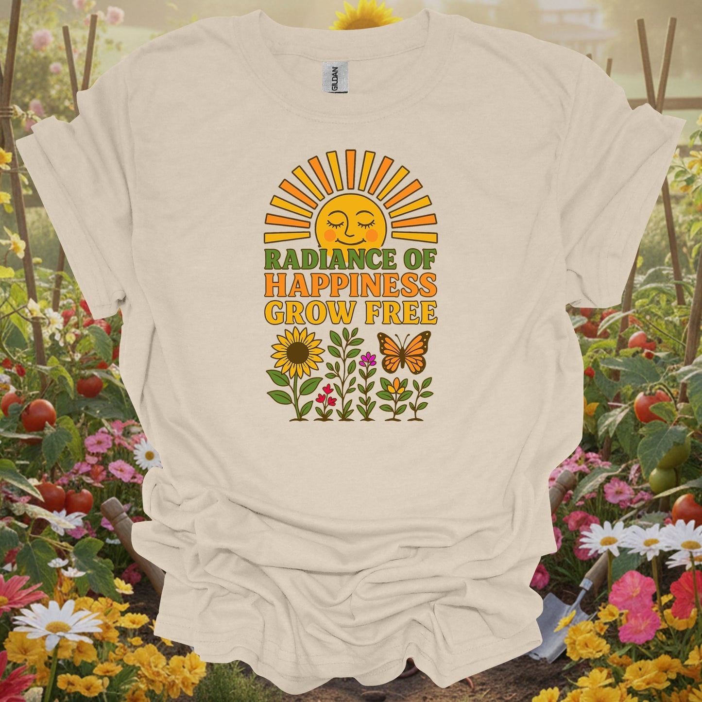 Radiance of Happiness Grow Free Vintage Retro 70s Aesthetic Smiling Sun Floral Graphic Tee - GardeningTshirts