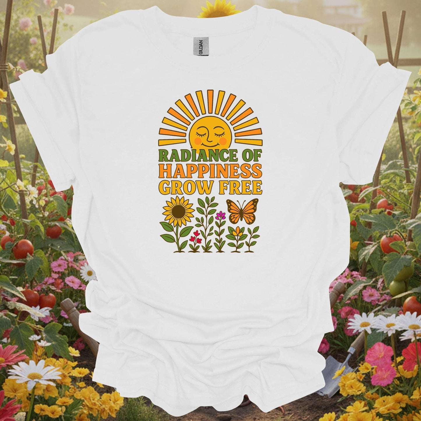 Radiance of Happiness Grow Free Vintage Retro 70s Aesthetic Smiling Sun Floral Graphic Tee - GardeningTshirts