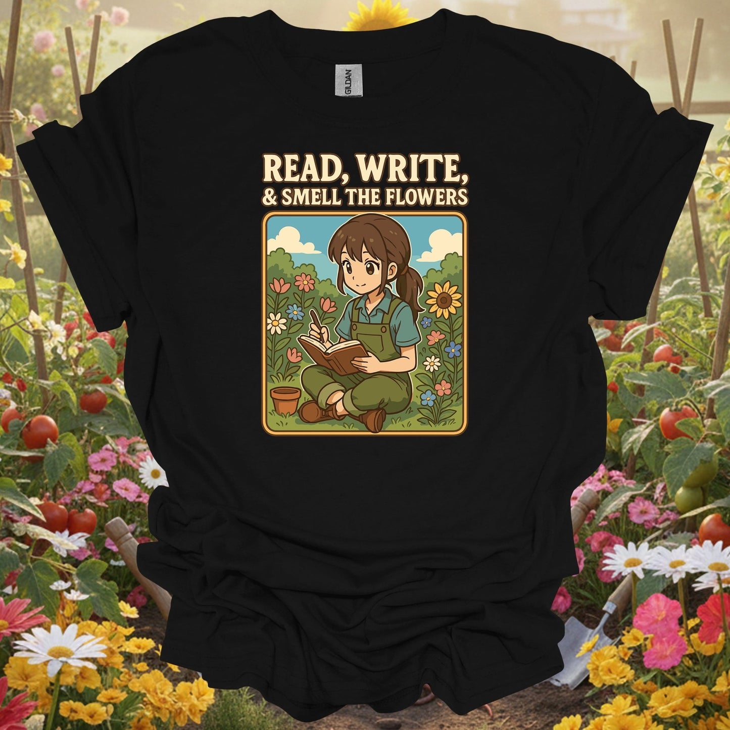 Black t-shirt with a vibrant wildflower garden theme that fits a modern slow-living lifestyle and cottagecore aesthetic.