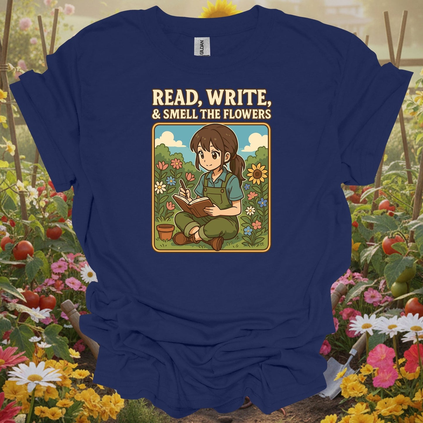 Navy top with a retro storybook botanical graphic that captures a peaceful and soulful homesteading vibe on this tee.