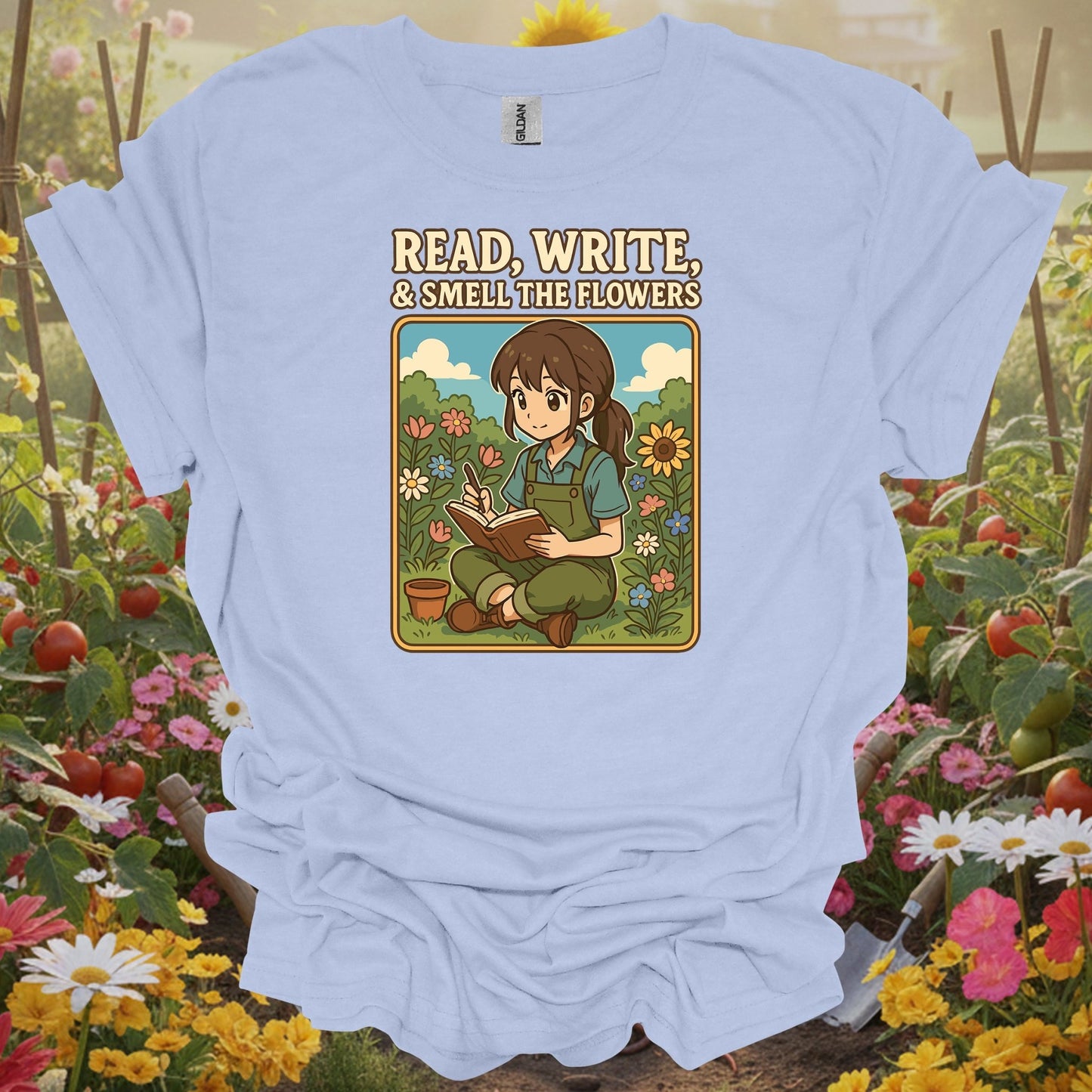 Light Blue shirt with an anime girl gardening theme making a beautiful and mindful gift T-shirt for any plant poet.