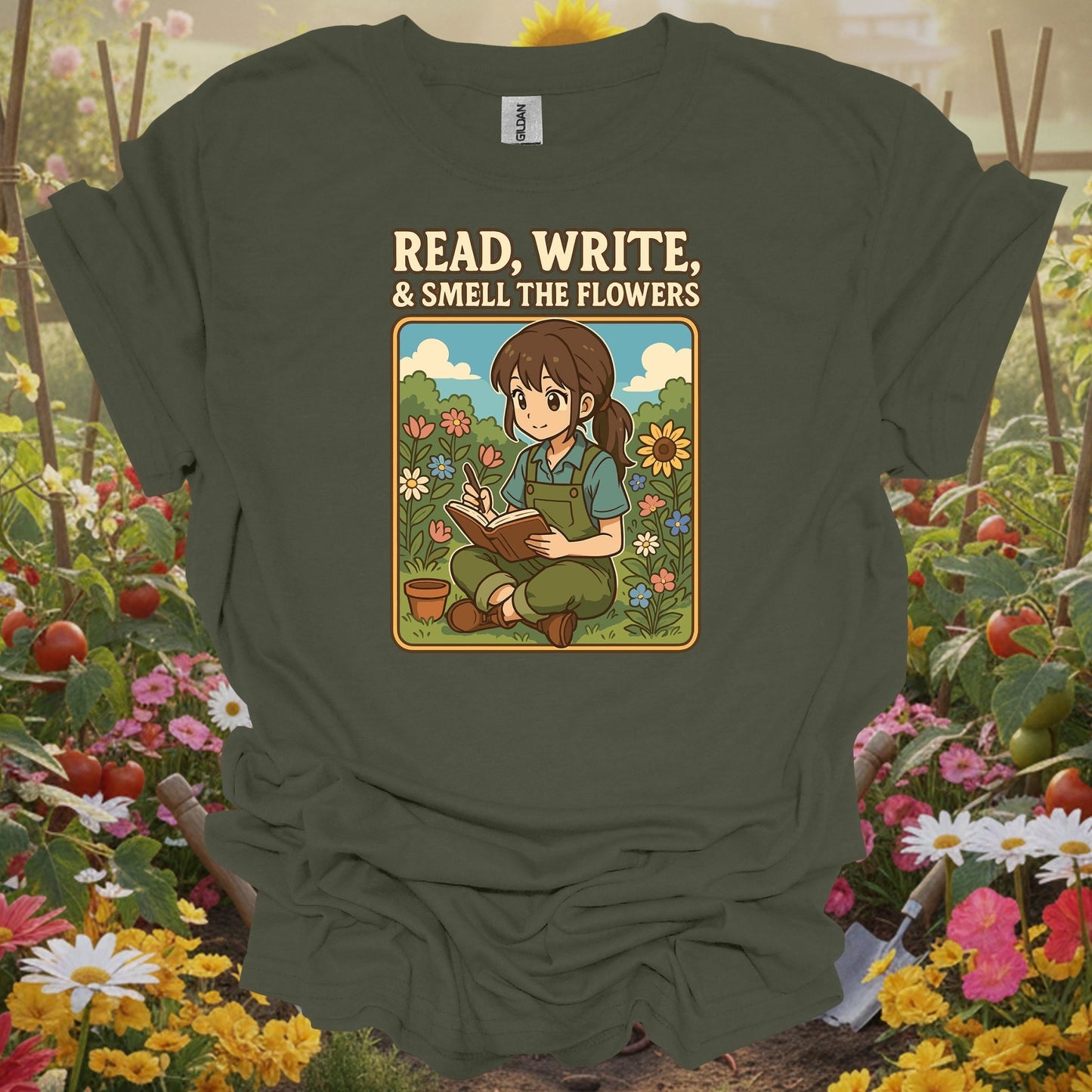 Military Green gardening tee with a retro-inspired storybook look that serves as a functional piece of art for any grower.
