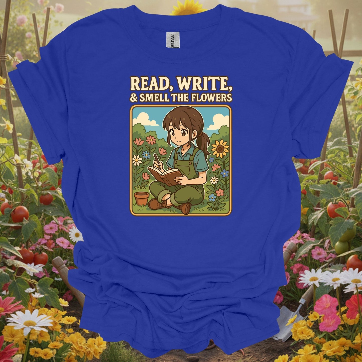 Royal apparel displaying a girl and her wildflowers on a casual gardening T-shirt for those who value nature and spirit.