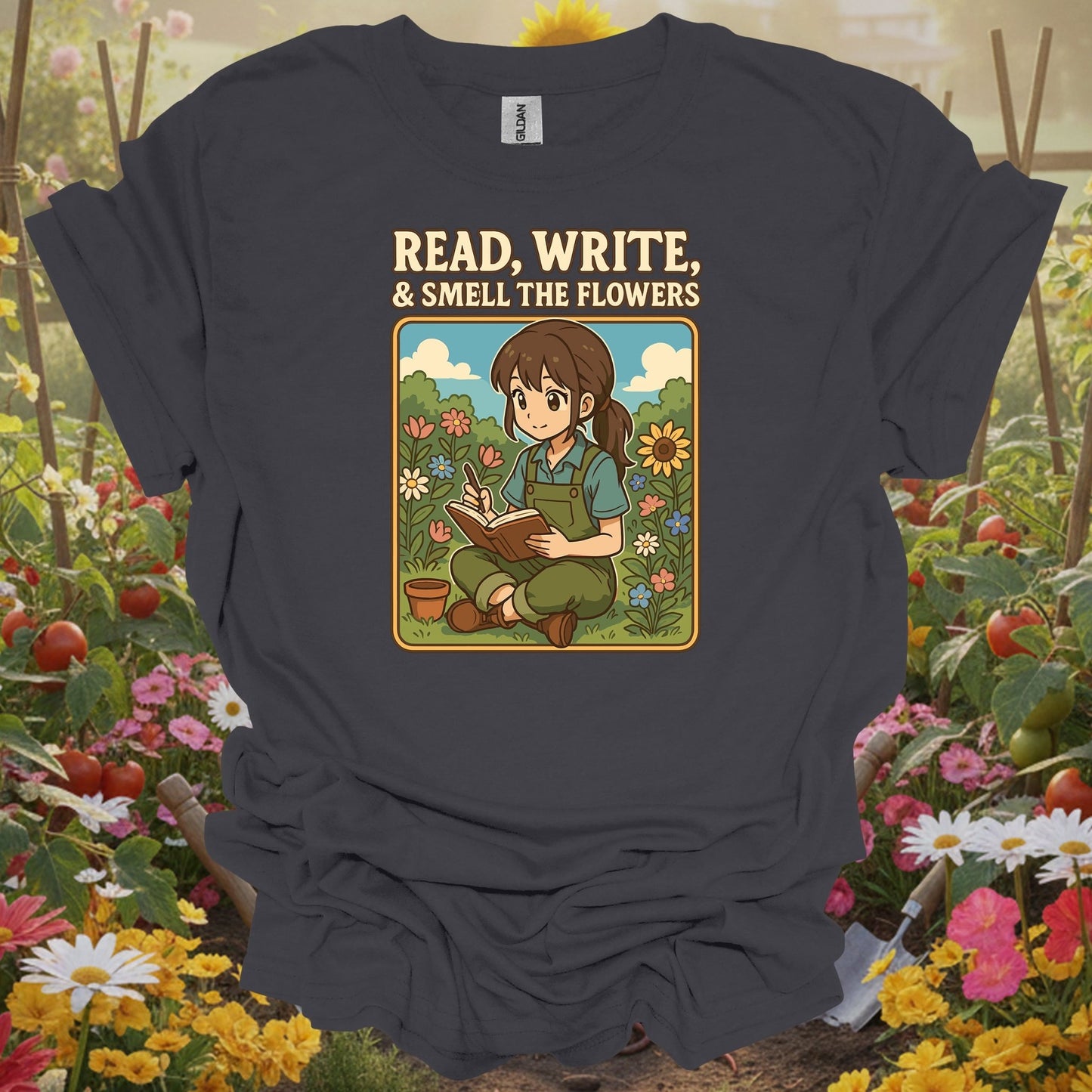 Charcoal tee featuring a garden journaling design that celebrates the peaceful verses found in your backyard sanctuary.