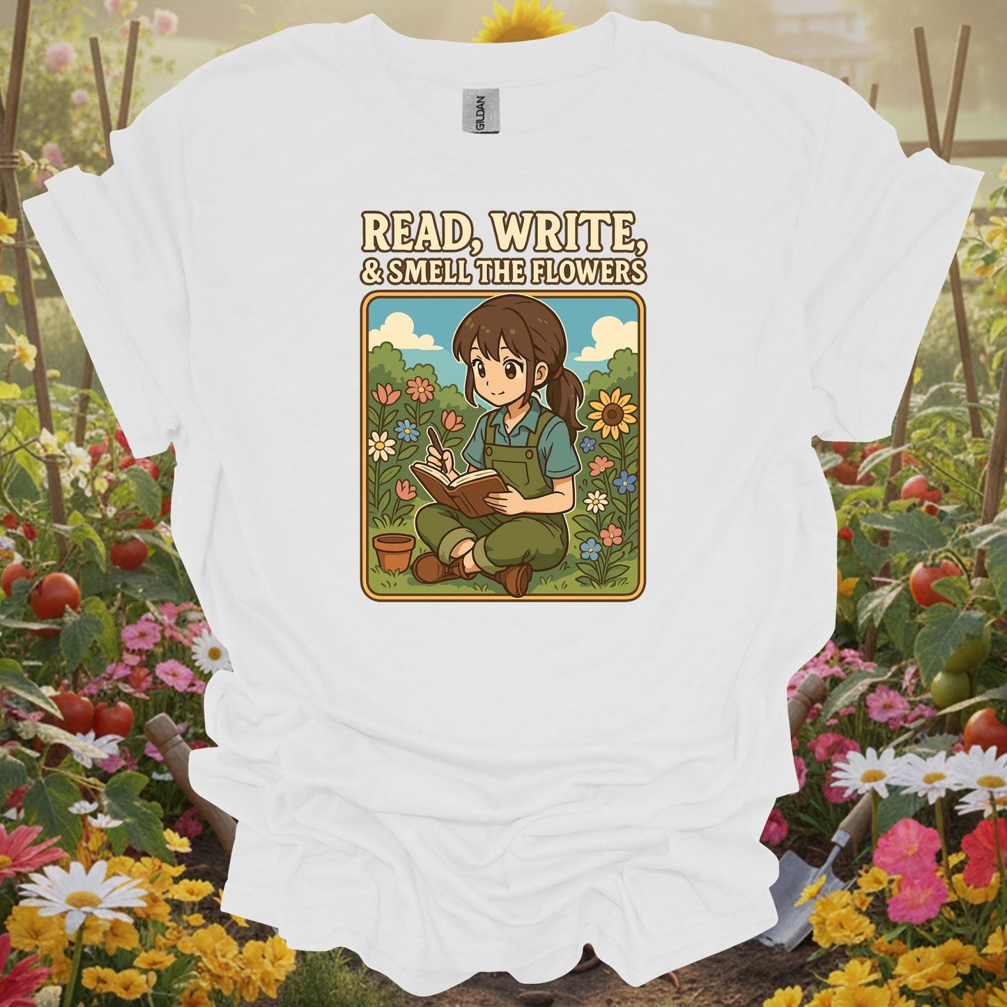 White shirt featuring a nostalgic anime garden design on a classic T-shirt for anyone who finds peace in their sanctuary.