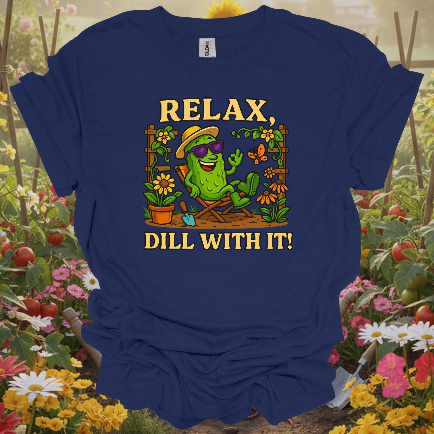 Navy tshirt showing relax dill with it funny chill pickle for gardening enthusiasts