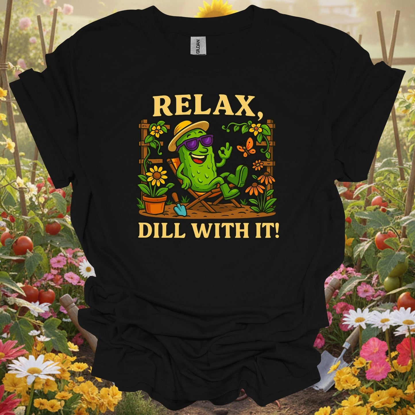 Black shirt showing relax dill with it funny chill pickle for outdoor enthusiasts