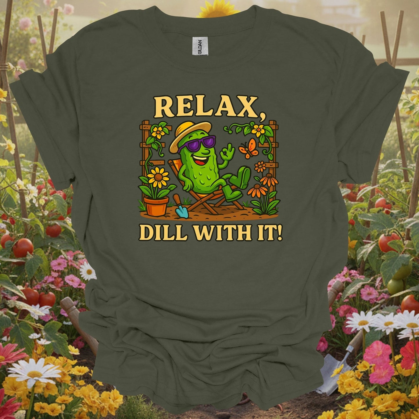 Military Green top showing relax dill with it funny chill pickle for nature lovers