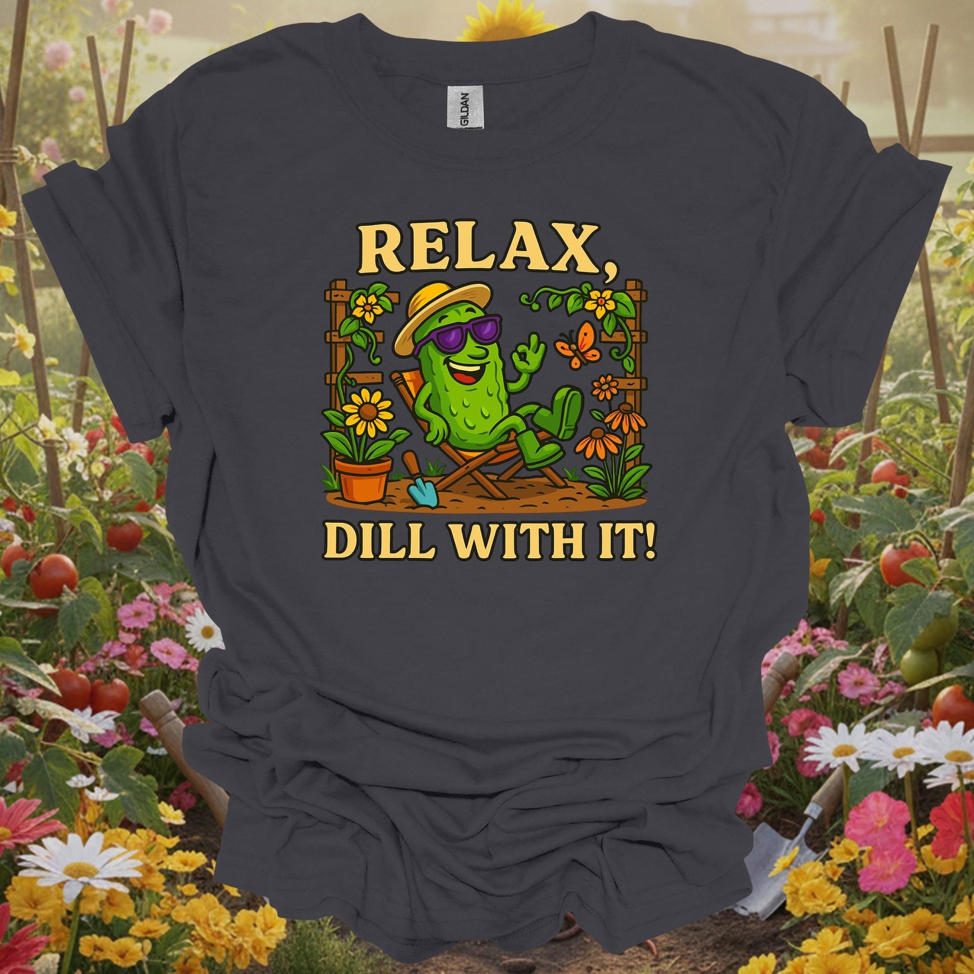 Charcoal tee showing relax dill with it funny chill pickle for plant lovers