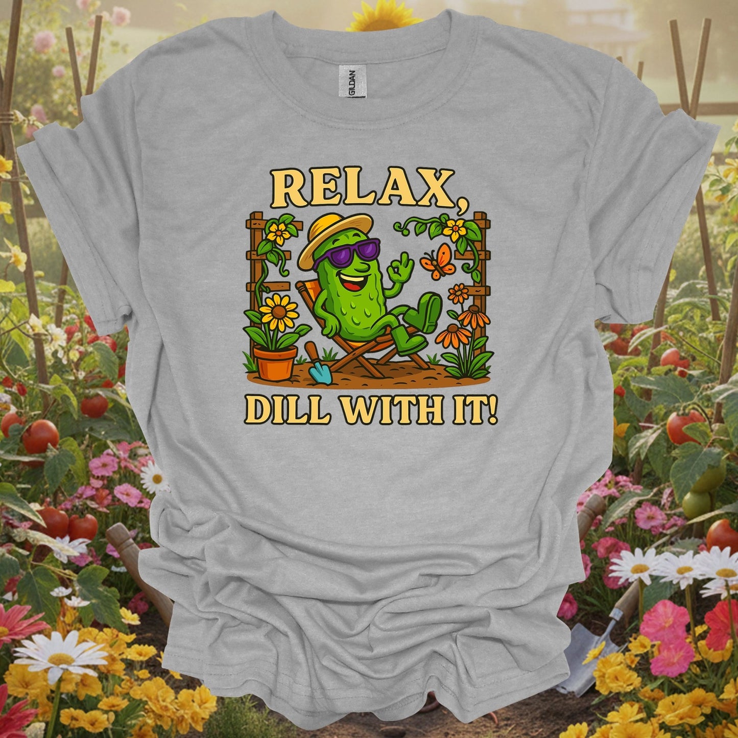 Sport Grey tshirt showing relax dill with it funny chill pickle for backyard growers