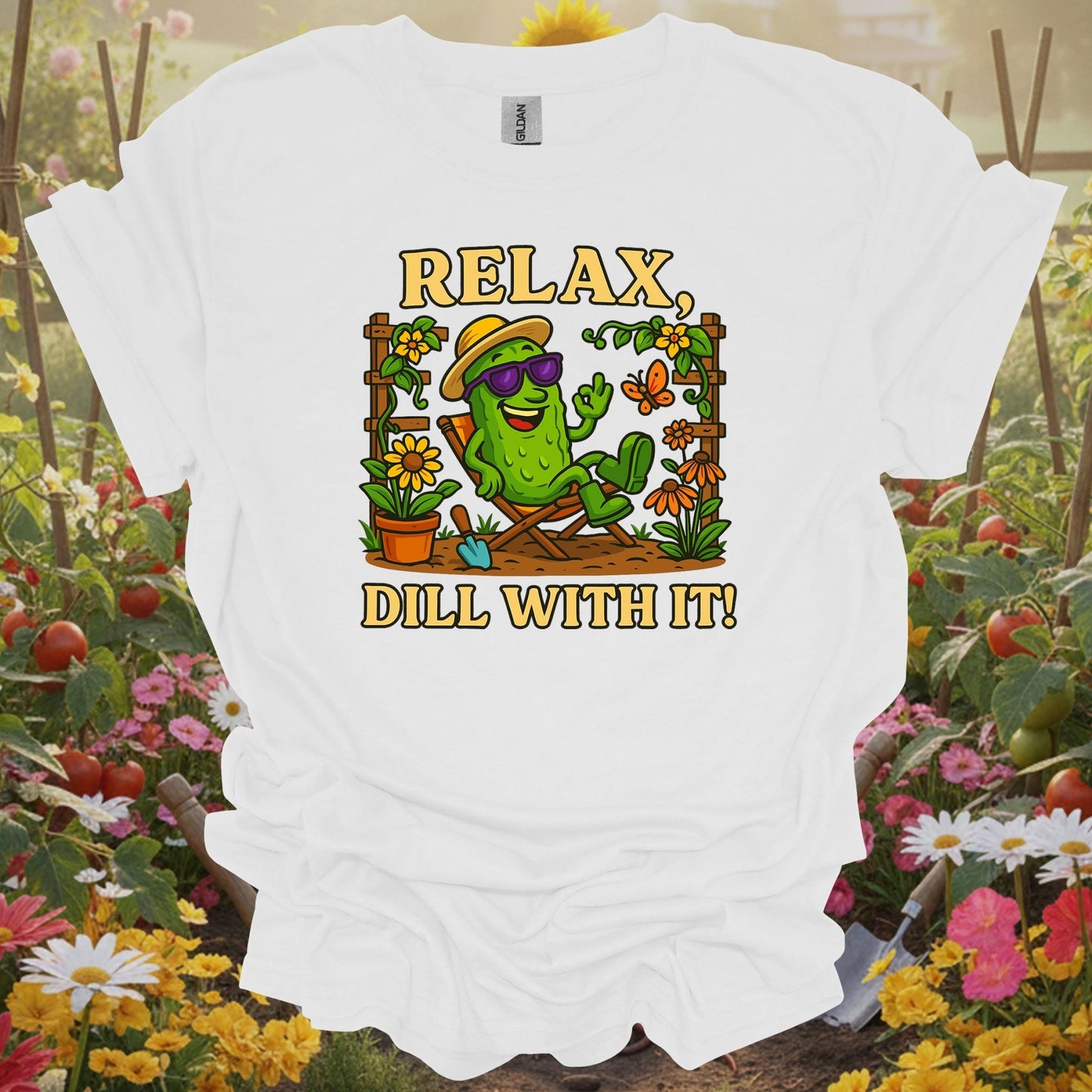 White tee showing relax dill with it funny chill pickle for garden hobbyists