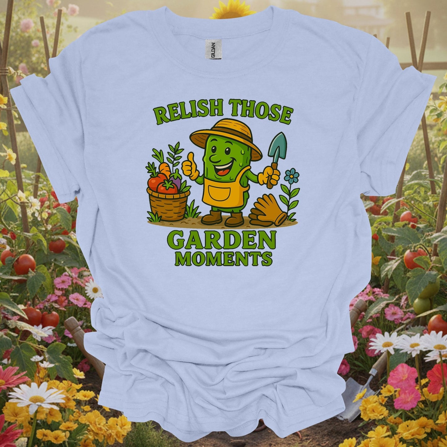 Light Blue tshirt showing relish those garden moments funny pickle for gardening enthusiasts