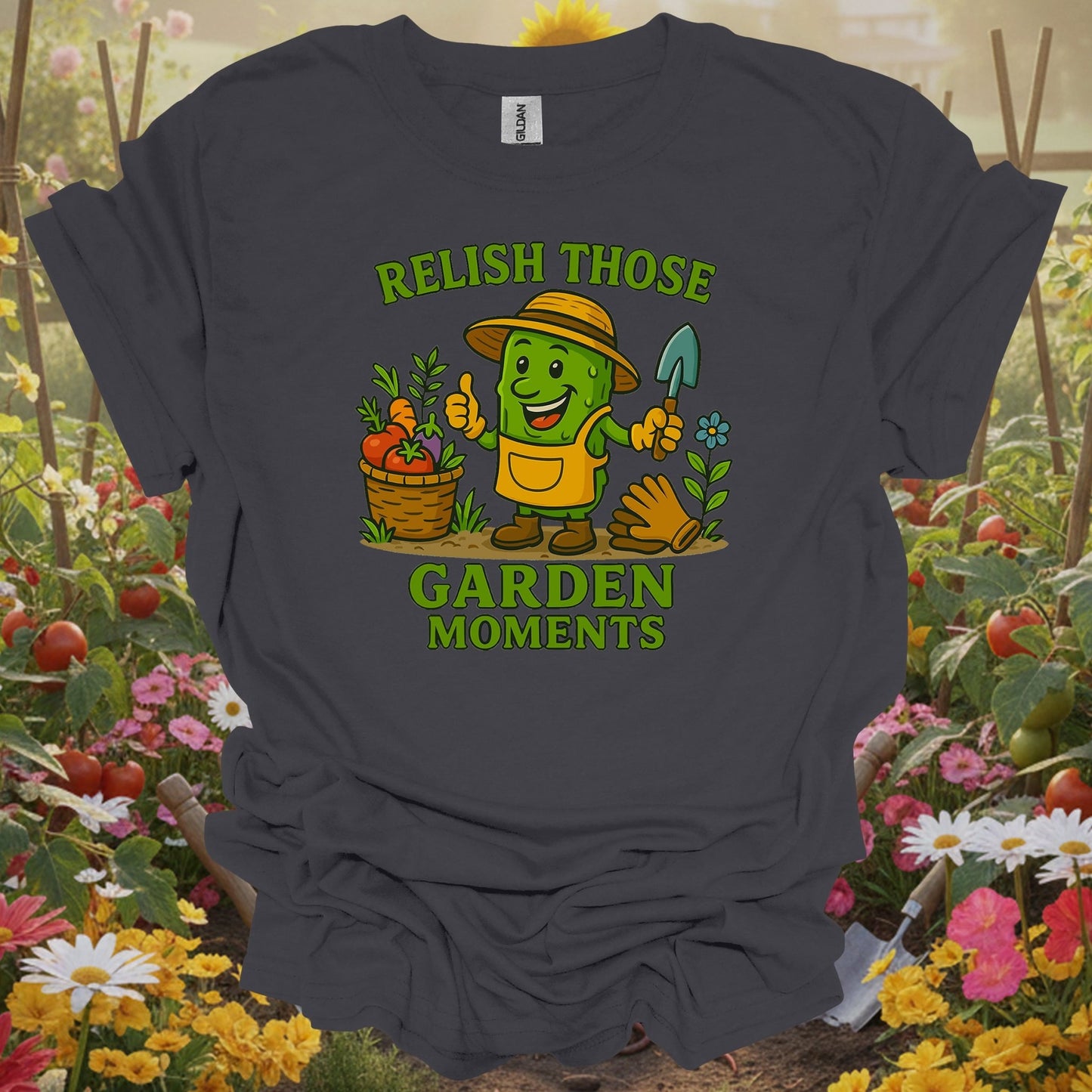 Charcoal tee showing relish those garden moments funny pickle for plant lovers