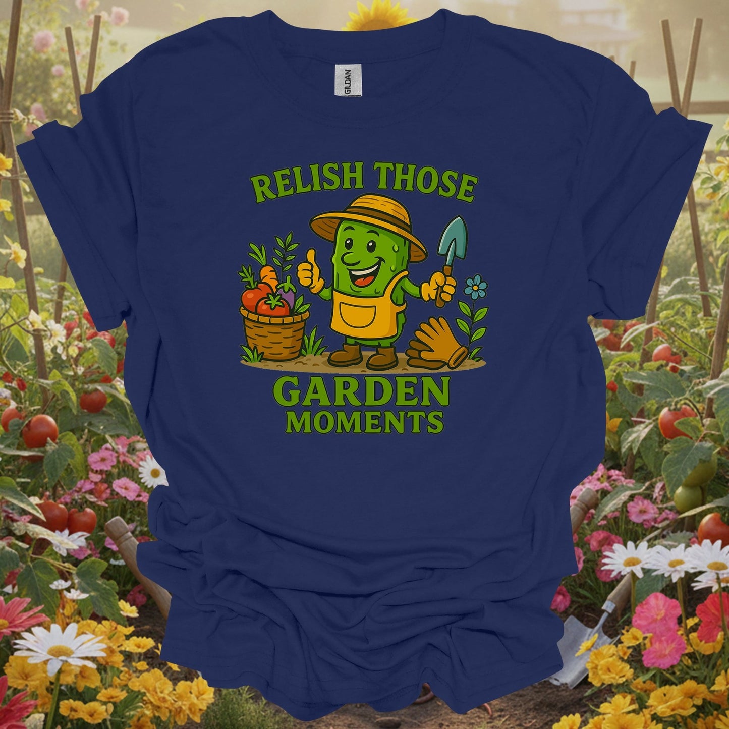Navy shirt showing relish those garden moments funny pickle for home gardeners