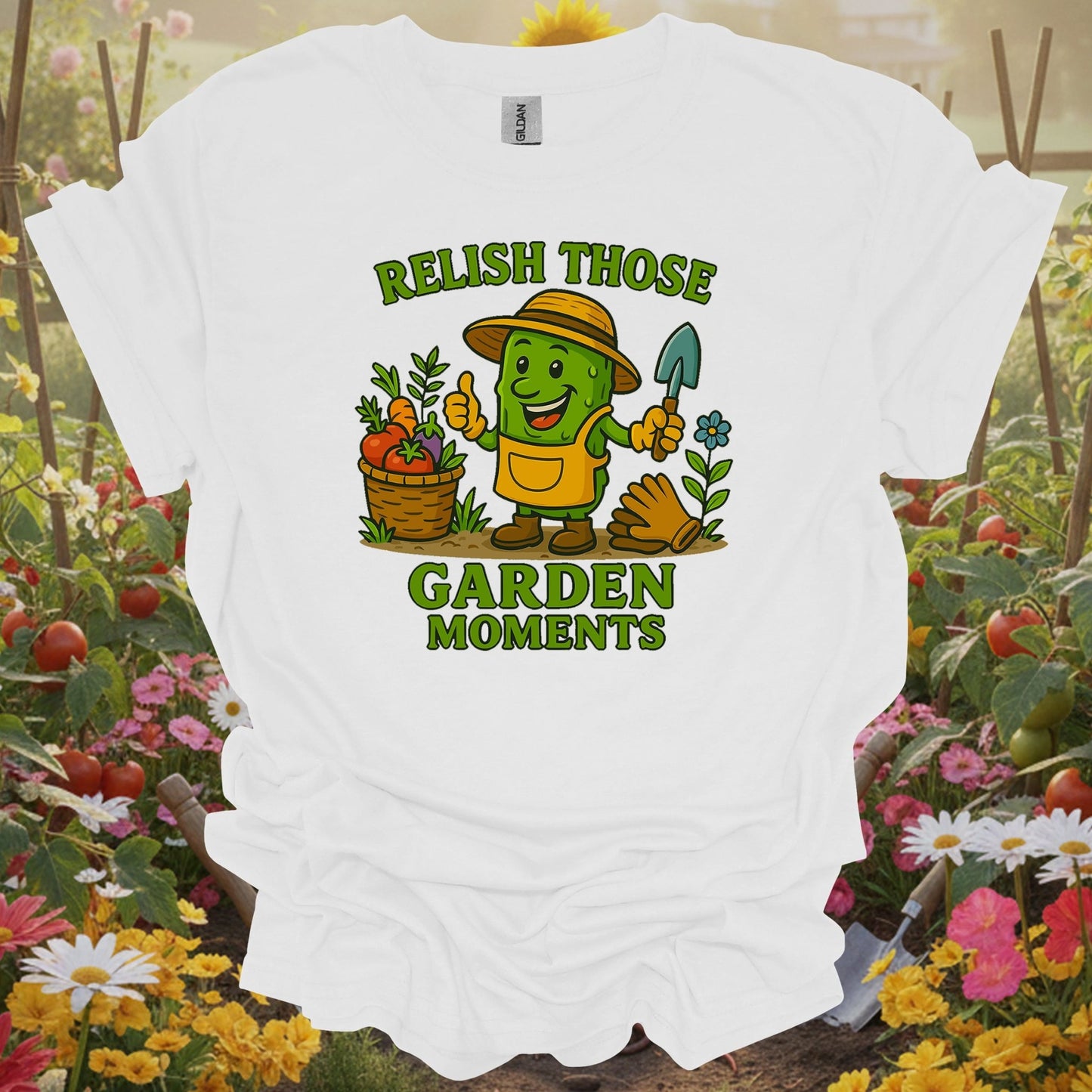 White tee showing relish those garden moments funny pickle for garden hobbyists