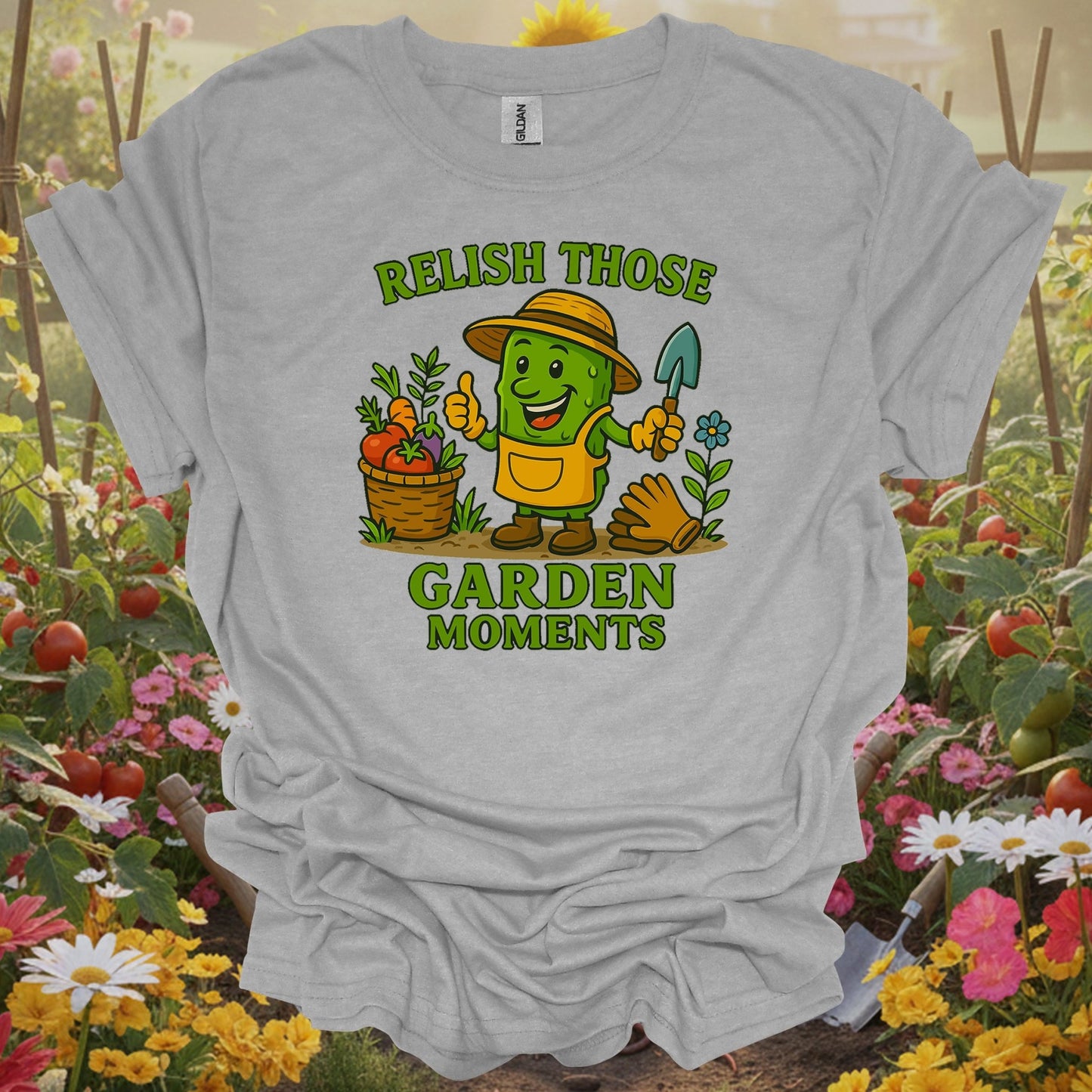 Sport Grey tshirt showing relish those garden moments funny pickle for backyard growers
