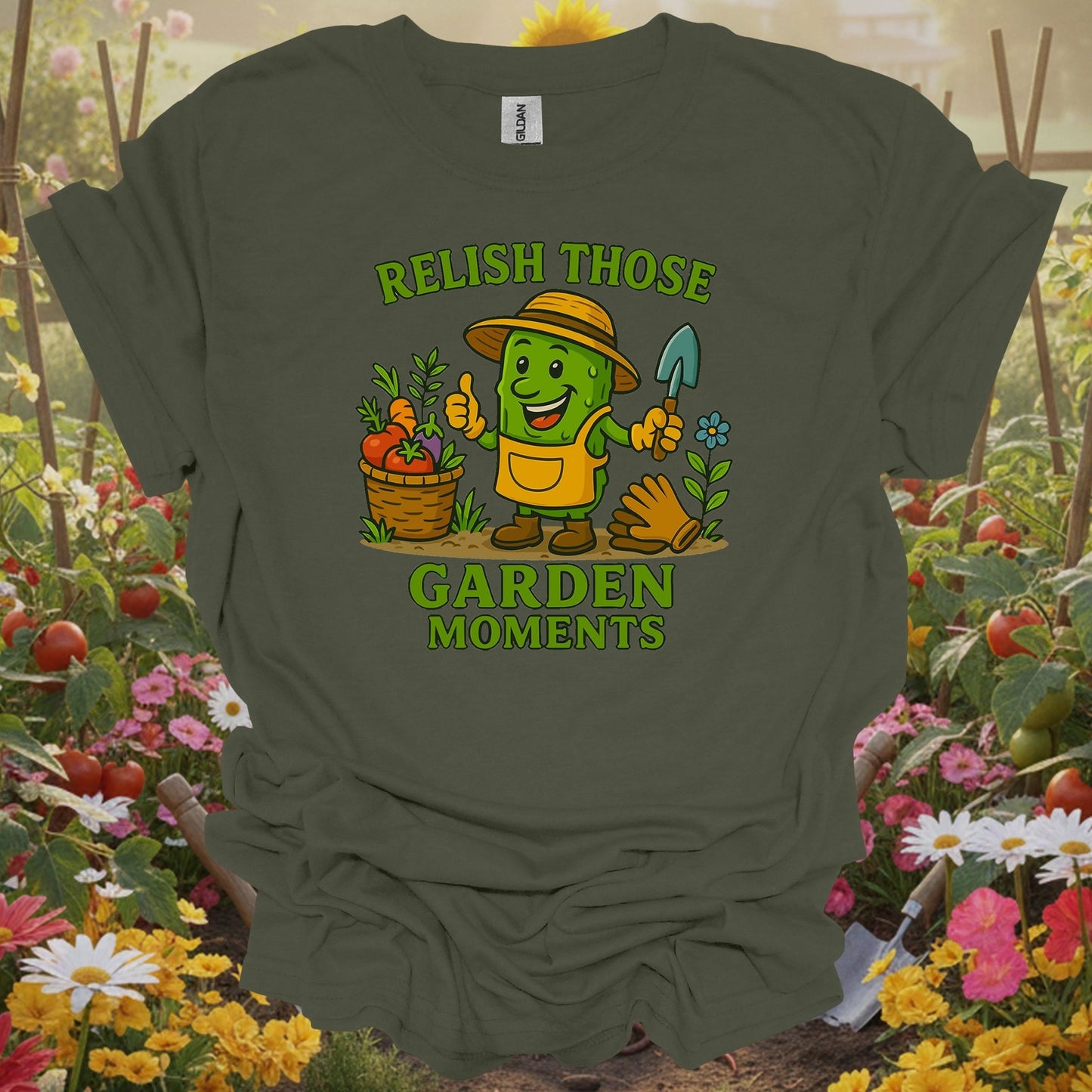 Military Green top showing relish those garden moments funny pickle for nature lovers