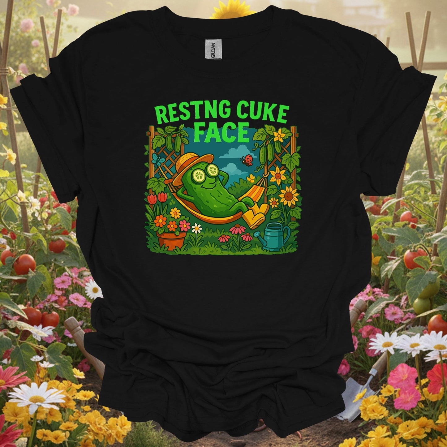 Black shirt showing resting cuke face funny pickle hammock for outdoor enthusiasts