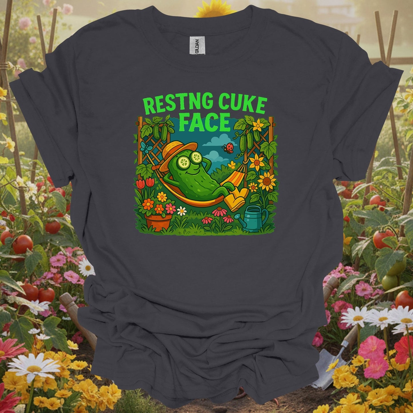 Charcoal tee showing resting cuke face funny pickle hammock for plant lovers