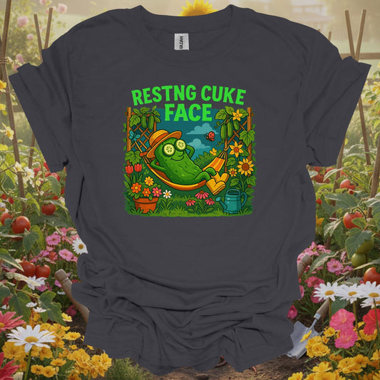 Charcoal tee showing resting cuke face funny pickle hammock for plant lovers