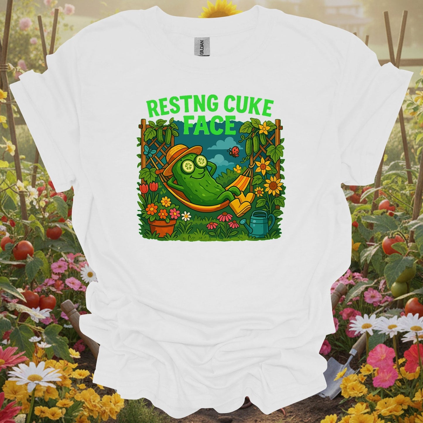 White tee showing resting cuke face funny pickle hammock for garden hobbyists