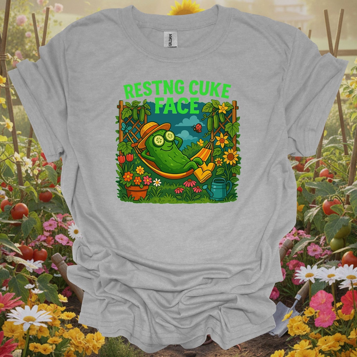 Sport Grey tshirt showing resting cuke face funny pickle hammock for backyard growers