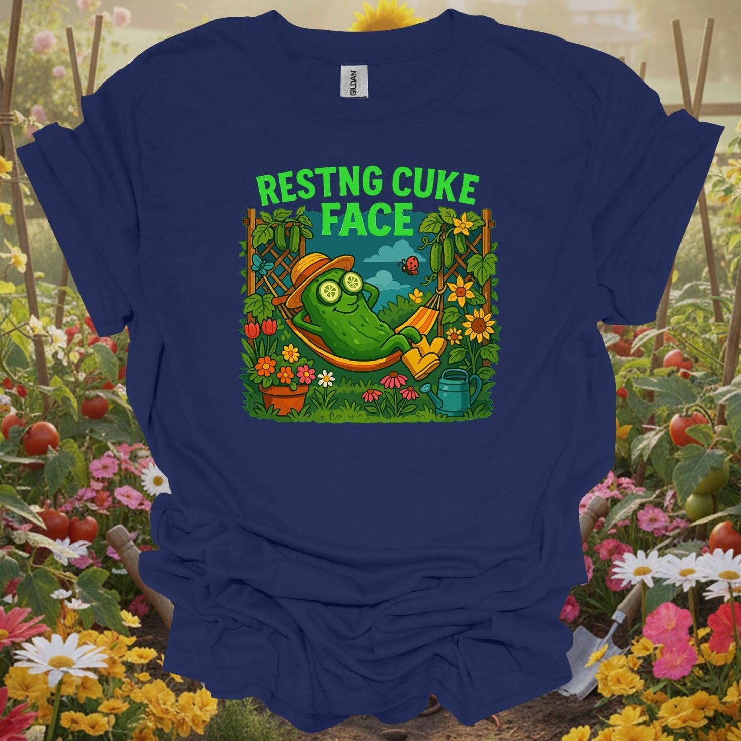 Navy top showing resting cuke face funny pickle hammock for green thumb folks